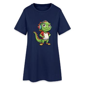 Iguana Funny Cartoon Character Headphone Music - Women’s T-Shirt Dress - light navy - Front