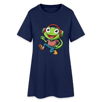 Frog Funny Cartoon Character Headphone Music - Women’s T-Shirt Dress - light navy - Front