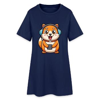 Hamster Funny Cartoon Character Headphone Music - Women’s T-Shirt Dress - light navy - Front