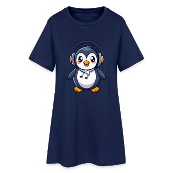 Penguin Funny Cartoon Character Headphone Music - Women’s T-Shirt Dress - light navy - Front