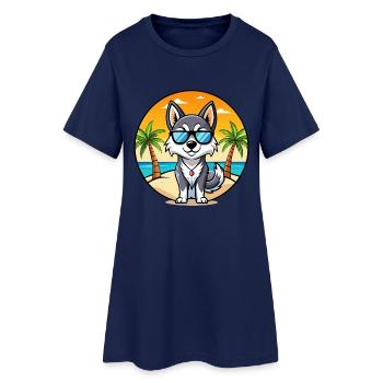 Alaskan Klee Kai Hunderasse Cartoon Sonnenbrille Strand - Frauen T-Shirt-Kleid - Light Navy - Vorne