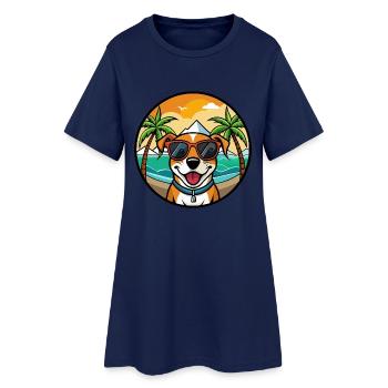 Mountain Cur Hund Rasse Cartoon Sonnenbrille Strand - Frauen T-Shirt-Kleid - Light Navy - Vorne