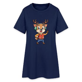 Cerf Drôle Dessin Animé Personnage Casque Musique - Robe T-shirt Femme - marine clair - Devant