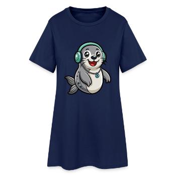 Seal Funny Cartoon Character Headphone Music - Women’s T-Shirt Dress - light navy - Front