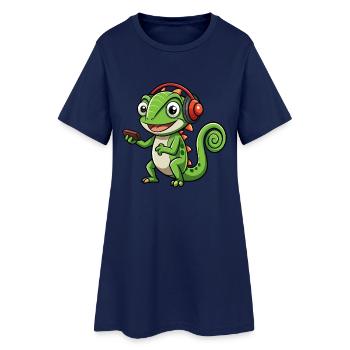Chameleon Funny Cartoon Character Headphone Music - Women’s T-Shirt Dress - light navy - Front
