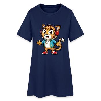 Leopard Funny Cartoon Character Headphone Music - Women’s T-Shirt Dress - light navy - Front