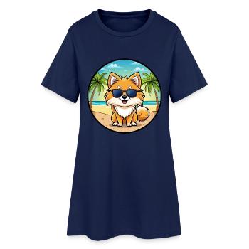 Pommerscher Deutscher Spitz Hunderasse Cartoon Beach - Frauen T-Shirt-Kleid - Light Navy - Vorne