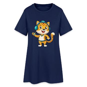 Leopard Funny Cartoon Character Headphone Music - Women’s T-Shirt Dress - light navy - Front