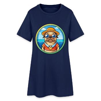 Mops Hund Lustig Cartoon Sommer Strand Sonnenbrille Cool - Frauen T-Shirt-Kleid - Light Navy - Vorne