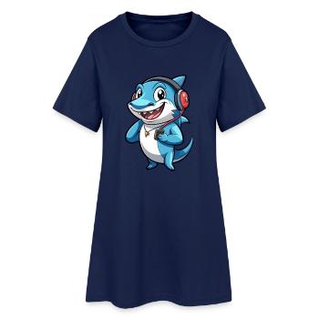 Shark Funny Cartoon Character Headphone Music - Women’s T-Shirt Dress - light navy - Front