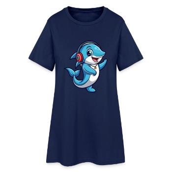 Dolphin Funny Cartoon Character Headphone Music - Women’s T-Shirt Dress - light navy - Front