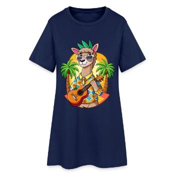 Drôle Lama Dessin Animé Plage D’été Lunettes De Soleil Guitare - Robe T-shirt Femme - marine clair - Devant