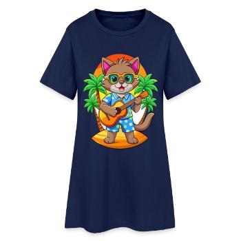 Lustige Katze Cartoon Sommer Strand Sonnenbrille Gitarre - Frauen T-Shirt-Kleid - Light Navy - Vorne