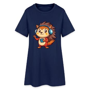 Hedgehog Funny Cartoon Character Headphone Music - Women’s T-Shirt Dress - light navy - Front