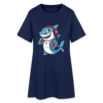 Shark Funny Cartoon Character Headphone Music - Women’s T-Shirt Dress - light navy - Front