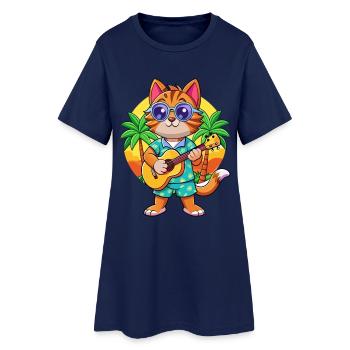 Lustige Katze Cartoon Sommer Strand Sonnenbrille Gitarre - Frauen T-Shirt-Kleid - Light Navy - Vorne