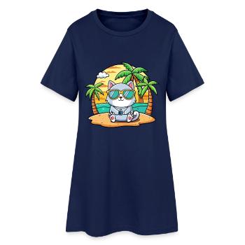 Katze Lustige Cartoon Sommer Strand Sonnenbrille - Frauen T-Shirt-Kleid - Light Navy - Vorne