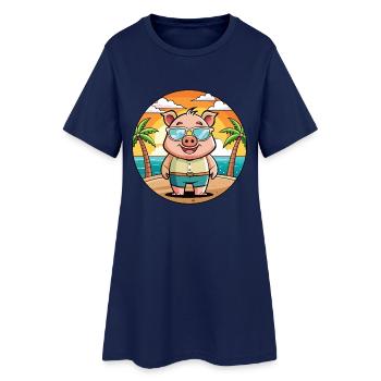 Schwein Lustige Cartoon Sommer Strand Sonnenbrille - Frauen T-Shirt-Kleid - Light Navy - Vorne