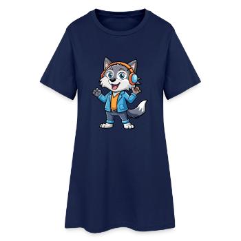 Wolf Funny Cartoon Character Headphone Music - Women’s T-Shirt Dress - light navy - Front