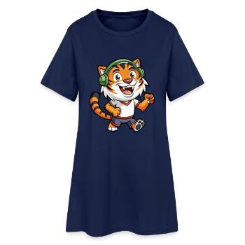 Tiger Funny Cartoon Character Headphone Music - Women’s T-Shirt Dress - light navy - Front