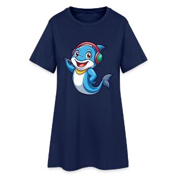 Dolphin Funny Cartoon Character Headphone Music - Women’s T-Shirt Dress - light navy - Front