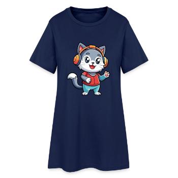 Cat Funny Cartoon Character Headphone Music - Women’s T-Shirt Dress - light navy - Front