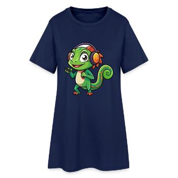 Chameleon Funny Cartoon Character Headphone Music - Women’s T-Shirt Dress - light navy - Front