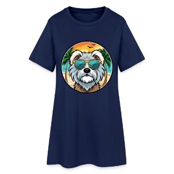 Tibetan Terrier Dog Breed Cartoon Sunglasses Beach - Women’s T-Shirt Dress - light navy - Front