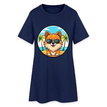 Pommerscher Deutscher Spitz Hunderasse Cartoon Beach - Frauen T-Shirt-Kleid - Light Navy - Vorne