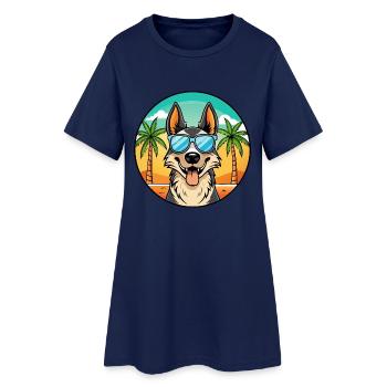 North American Shepherd Dog Breed Cartoon Beach - Women’s T-Shirt Dress - light navy - Front