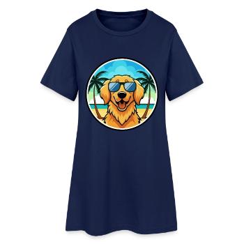 Golden Retriever Dog Breed Cartoon Sunglass Beach - Women’s T-Shirt Dress - light navy - Front