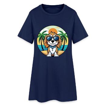 Cavalier Hund Rasse Cartoon Sonnenbrille Strand - Frauen T-Shirt-Kleid - Light Navy - Vorne