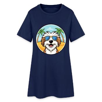Tibetan Terrier Dog Breed Cartoon Sunglasses Beach - Women’s T-Shirt Dress - light navy - Front