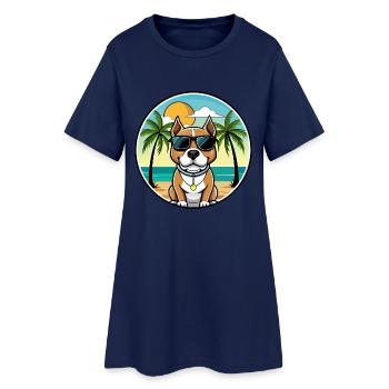 Pitbull Hund Rasse Cartoon Sonnenbrille Strand - Frauen T-Shirt-Kleid - Light Navy - Vorne