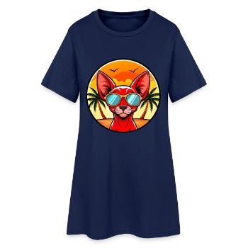 Rote Devon Rex Katzenrasse Cartoon Sonnenbrille Strand - Frauen T-Shirt-Kleid - Light Navy - Vorne