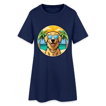 Golden Retriever Dog Breed Cartoon Sunglass Beach - Women’s T-Shirt Dress - light navy - Front