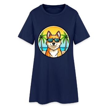 Finnischer Spitz Hund Rasse Cartoon Sonnenbrille Strand - Frauen T-Shirt-Kleid - Light Navy - Vorne