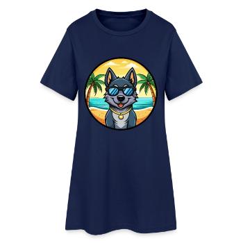Black Norwegian Elkhound Dog Breed Cartoon Beach - Women’s T-Shirt Dress - light navy - Front