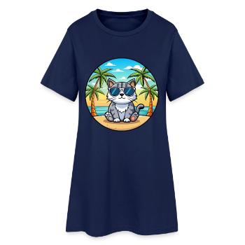 Schottische Falte Katzenrasse Cartoon Sonnenbrille Strand - Frauen T-Shirt-Kleid - Light Navy - Vorne