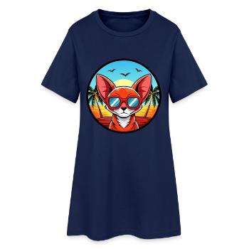 Rote Devon Rex Katzenrasse Cartoon Sonnenbrille Strand - Frauen T-Shirt-Kleid - Light Navy - Vorne
