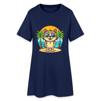 Kurilian Bobtail Cat Breed Cartoon Sunglass Beach - Robe T-shirt Femme - marine clair - Devant