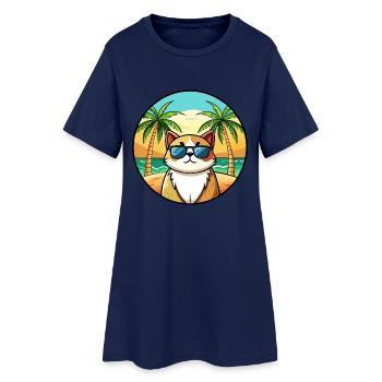 Exotische Kurzhaarkatze Rasse Cartoon Sonnenbrille Strand - Frauen T-Shirt-Kleid - Light Navy - Vorne