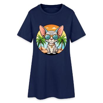 Devon Rex Katzenrasse Cartoon Sonnenbrille Strand - Frauen T-Shirt-Kleid - Light Navy - Vorne