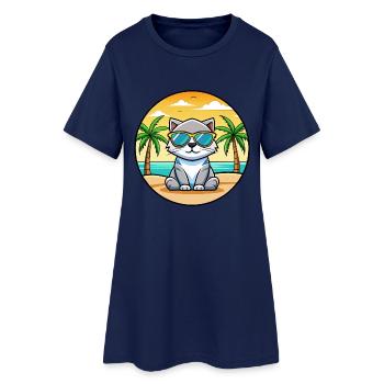 Schottische Falte Katzenrasse Cartoon Sonnenbrille Strand - Frauen T-Shirt-Kleid - Light Navy - Vorne