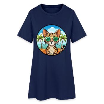 Ocicat Domestic Cat Breed Cartoon Sunglasses Beach - Women’s T-Shirt Dress - light navy - Front
