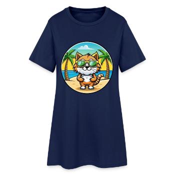 Kurilian Bobtail Cat Breed Cartoon Sunglass Beach - Robe T-shirt Femme - marine clair - Devant