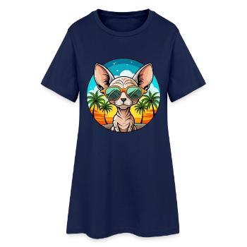 Devon Rex Katzenrasse Cartoon Sonnenbrille Strand - Frauen T-Shirt-Kleid - Light Navy - Vorne