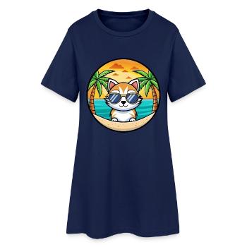 Kitten Funny Cartoon Summer Beach Sunglasses Cool - Women’s T-Shirt Dress - light navy - Front