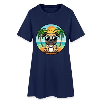 Mops Hund Lustig Cartoon Sommer Strand Sonnenbrille Cool - Frauen T-Shirt-Kleid - Light Navy - Vorne