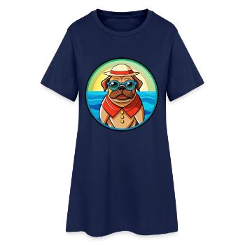 Mops Hund Lustig Cartoon Sommer Strand Sonnenbrille Cool - Frauen T-Shirt-Kleid - Light Navy - Vorne
